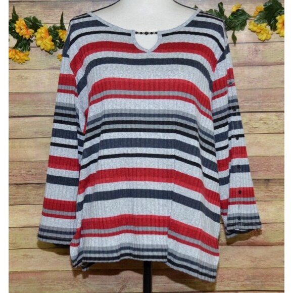 Alfred Dunner Women's 2X Striped Ribbed 3/4 Sleeve Knit Top Shirt Beaded V-Neck - Picture 1 of 12